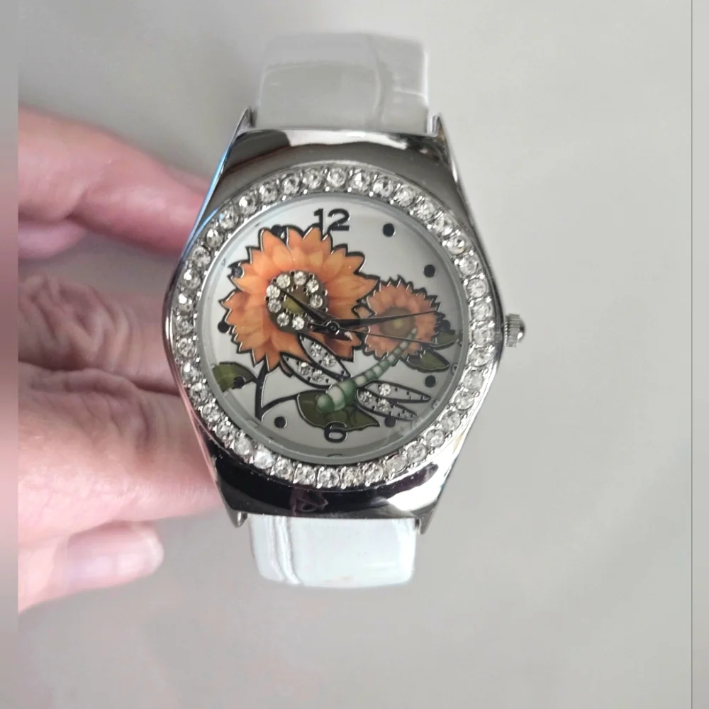Sunflower Dragonfly Rhinestone Watch Silver NWOT